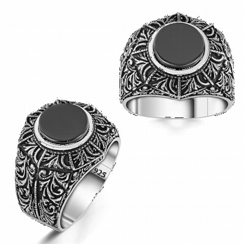 Onyx Stone Rings - Ottoman Motif Stone Silver Ring 100350284 - Turkey