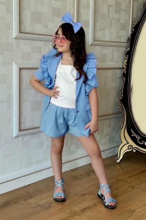 Girl Clothing - Boy's Blazer Jacket with Frill Shoulder and Waist Belt Blue Shorts Suit 100328302 - Turkey
