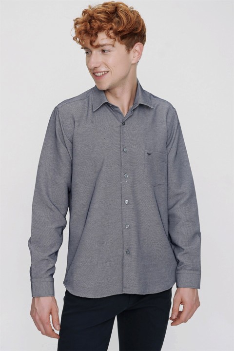Men Clothing - Men's Navy Blue Cotton Regular Fit Comfy Cut Solid Collar Long Sleeve Shirt 100352693 - Turkey