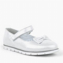 Genuine Leather Silver Flat Shoes for Girls 100278855