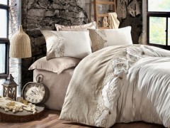 Home Product - Ceren Embroidered Tasseled Cotton Satin Double Duvet Cover Set Cream 100280349 - Turkey