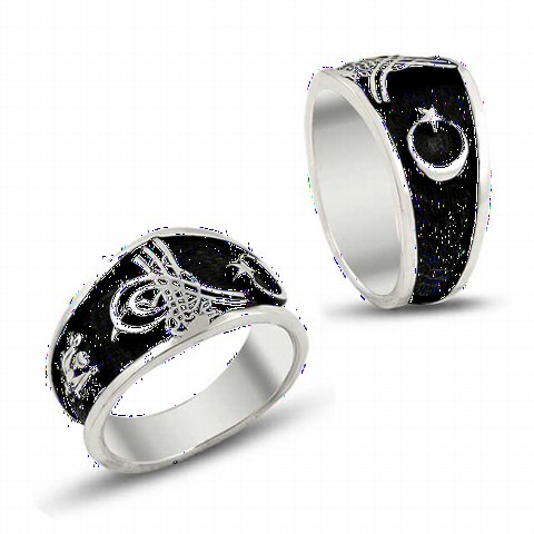 Tugra Motif Ottoman State Coat of Arms Crescent and Star Sterling Silver Men's Ring 100348421