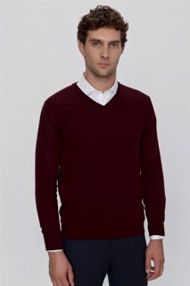 Knitwear - Men's Dark Claret Red Basic Dynamic Fit Relaxed Cut V Neck Knitwear Sweater 100345154 - Turkey