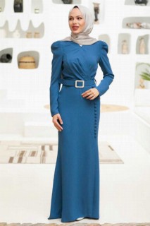 Evening & Party Dresses - İndigo Mavisi Hijab Evening Dress 100339308 - Turkey