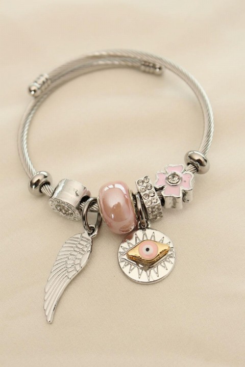 Wing and Pink Eye Figured Stone Charm Bracelet 100326557