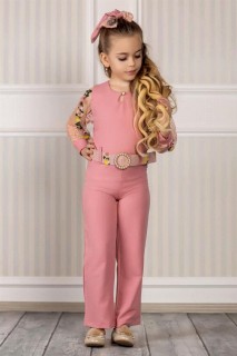 Outwear - Combinaison rose à manches pour fille avec fleur en tulle brodée et ceinture en perles 100328122 - Turkey