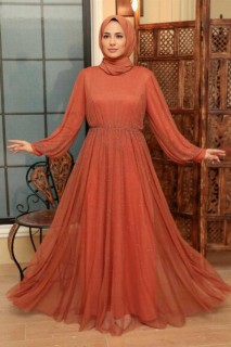 Evening & Party Dresses - Terra Cotta Hijab Evening Dress 100341583 - Turkey