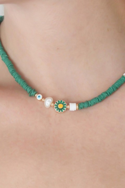 Green Bead Flower Figure Heart Detail Women's Necklace 100327942