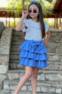 Girls Ruffle Collar Layered Collar Bow Detailed Blue Skirt Suit 100328529