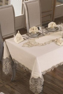 French Guipure Jasmine Velvet Single Table Cloth Ecru Gold 100330319