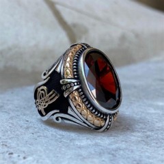 Zircon Stone Rings - Ottoman Tugra Motif Red Zircon Stone Sterling Silver Men's Ring 100348043 - Turkey