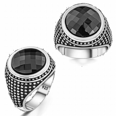 Zircon Stone Rings - Round Stone Patterned Silver Ring 100350288 - Turkey