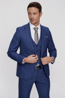Men's Sax Blue Plaid Vest Slim Fit 6 Slim Fit Drop Suit 100350624