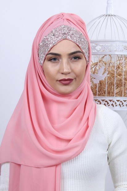 Woman Bonnet & Hijab - Stone Design Bonnet Châle Saumon - Turkey