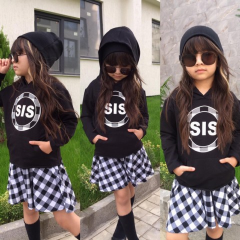 Girl's Sis Written Checkered Skirt Suit 100326637