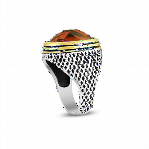 Cut Zircon Stone Gold Detailed Sterling Silver Men's Ring 100349315