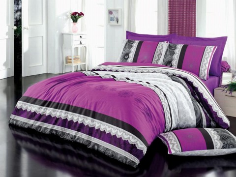 Bedding - Bettbezug-Set für Doppelbetten aus Spitze, 100 % Baumwolle, Flieder 100257654 - Turkey