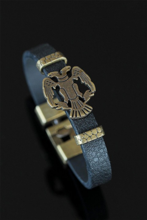 Bracelet - Tumbled Color Metal Seljuk Crest Navy Blue Leather Men's Bracelet 100327900 - Turkey