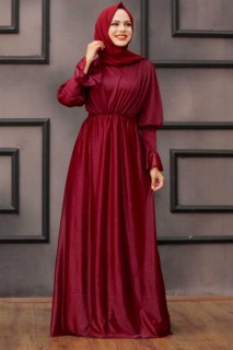 Woman - Bordeauxrotes Hijab-Abendkleid 100337908 - Turkey