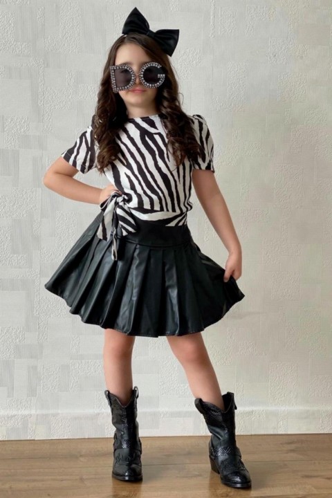Girls' Zebra Patterned Chiffon Blouse and Crown Black Leather Skirt Suit 100327346