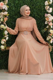 Wedding & Evening - Salmon Pink Hijab Evening Dress 100337533 - Turkey