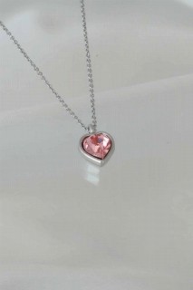 Necklaces - Pink Zircon Stone Heart Figured Silver Color Women's Necklace 100327571 - Turkey