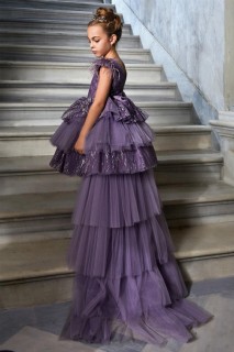 Girl's Sleeves Tasseled and Silvery Floral Embroidered Lilac Tailed Evening Dress 100328261