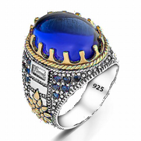 Onyx Stone Rings - Blue Onyx Stone Zircon Decorated Silver Ring 100349130 - Turkey