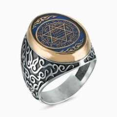 Silver Rings 925 - Seal of Prophet Solomon Embroidered Blue Enamel Silver Men's Ring 100348131 - Turkey