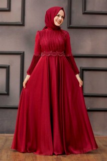 Evening & Party Dresses - Claret Red Hijab Evening Dress 100333355 - Turkey