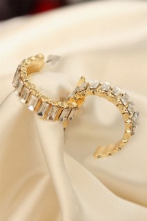 Earrings - Gold Color Baguette Stone Thick Hoop Earrings 100326548 - Turkey