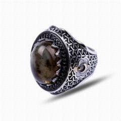Men - Drop Amber Stone Side Seljuk Patterned Silver Ring 100347715 - Turkey