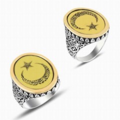 Moon Star Rings - Word-i Tawhid Model Sterling Silver Ring 100348171 - Turkey