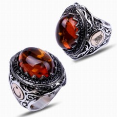 Men - Drop Amber Stone Ottoman Tugra and Crescent and Star Motif Silver Ring 100347723 - Turkey
