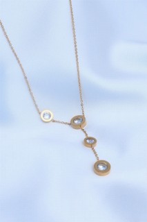 Jewelry & Watches - Gold Color Zircon Stone Detail Steel Women's Necklace 100327833 - Turkey