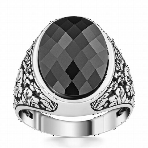 Zircon Stone Rings - Elegant Flower Motif Black Zircon Stone Sterling Silver Ring 100350371 - Turkey