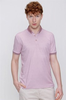 T-Shirt - Men's Powder Mercerized Collar Striped Buttoned Collar Dynamic Fit Comfortable Cut T-Shirt 100351415 - Turkey