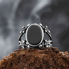 Black Onyx Stone Sword Motif Sterling Silver Ring 100346394