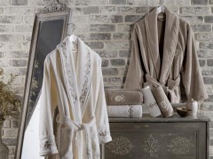 Set Robe - Sultan Luxury Embroidered Cotton Bathrobe Set Cream Beige 100259779 - Turkey