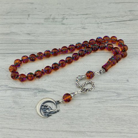 Silver Tasseled Crescent Wolf Model Drop Amber Rosary 100352192