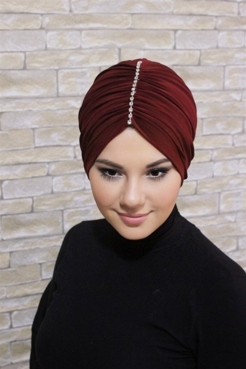 Woman Bonnet & Turban - Shirred Stone Bonnet-Burgundy 100285739 - Turkey