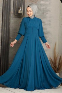 Evening & Party Dresses - Petrol Blue Hijab Evening Dress 100338076 - Turkey