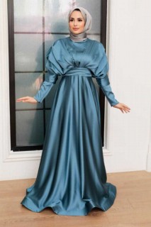 Wedding & Evening - Petrol Blue Hijab Evening Dress 100341370 - Turkey