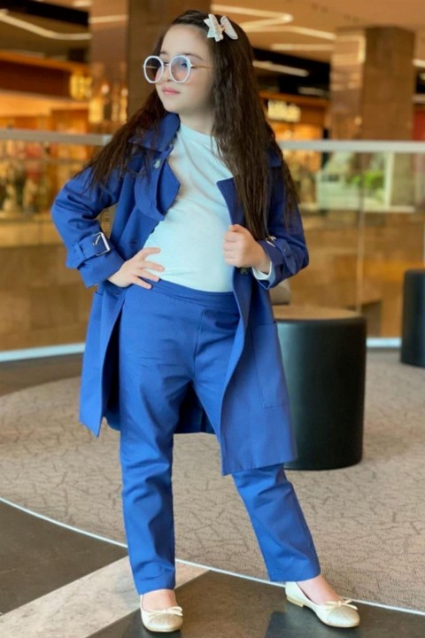 Girls - Trench-coat en gabardine avec ceinture à la taille pour fille, pantalon et chemisier bleu bas ensemble haut 100327388 - Turkey