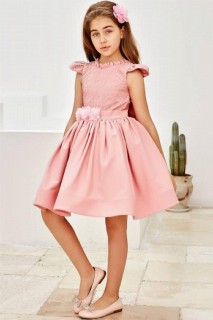 Kids - Girls Ruffle Collar Embroidered Embroidery and Skirt Fluffy Tulle Pink Evening Dress 100327790 - Turkey