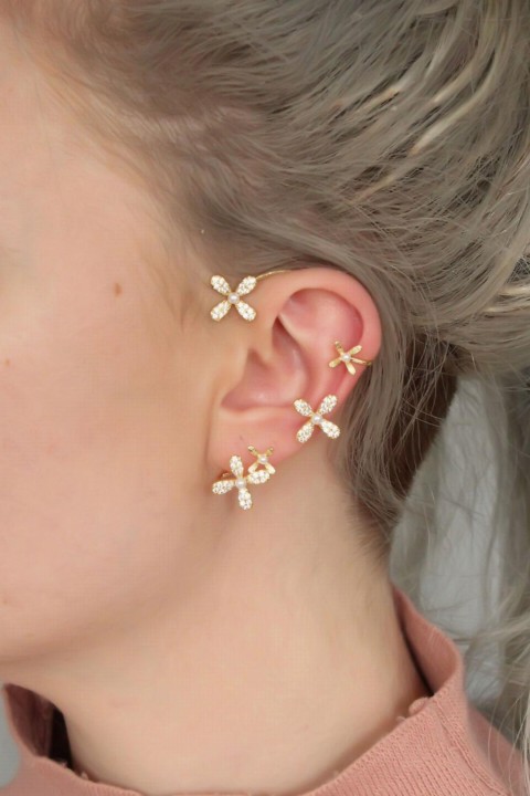Earrings - Gold Color Stone Daisy Figured Cartilage Earrings 100320102 - Turkey