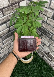 Wallet - Diga Claret Red Crocodile Printed Horizontal Leather Card Holder / Business Card Holder 100345906 - Turkey