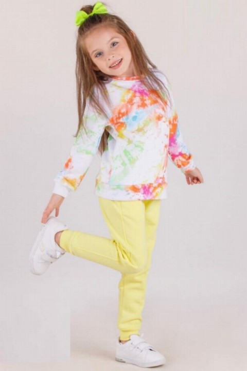 Kids - Girl Mixed Paint Printed Yellow Tracksuit Set 100326918 - Turkey