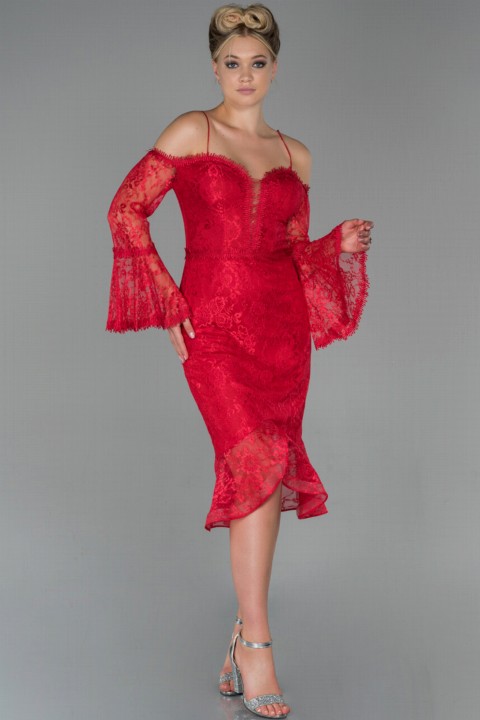 Woman - Evening Dress Long Sleeve Skirt Frilly Guipure Midi Invitation Dress 100297266 - Turkey