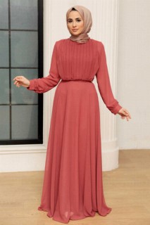 Woman Clothing - Dark Salmon Pink Hijab Evening Dress 100340553 - Turkey
